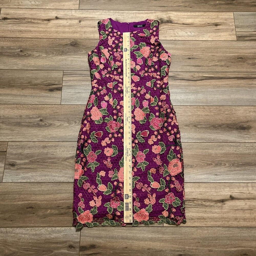 Women's Badgley Mischka Sheath Dress SZ 8 Purple Floral Overlay Sleeveless - Picture 5 of 11